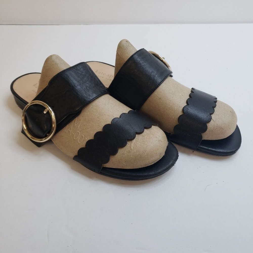 Kate Spade Womens Leather Sandals Size 6 Black Gold Slip On Adjustable Buckle